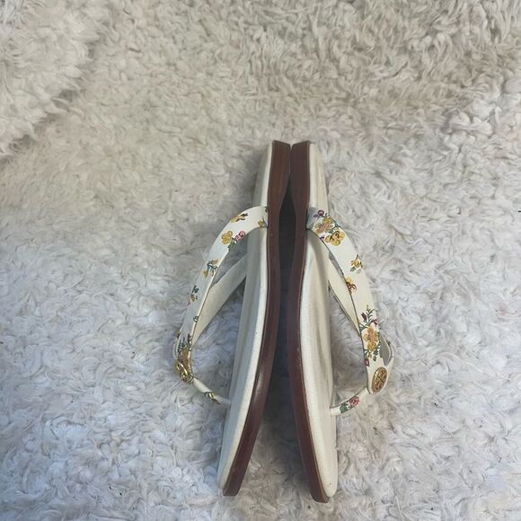 Tory Burch leather beige Floral thong Sandals gold tone logo accent SZ9 - Picture 8 of 13